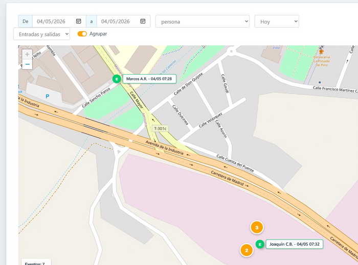 Mapa con marcadores de fichaje geolocalizado en una zona industrial