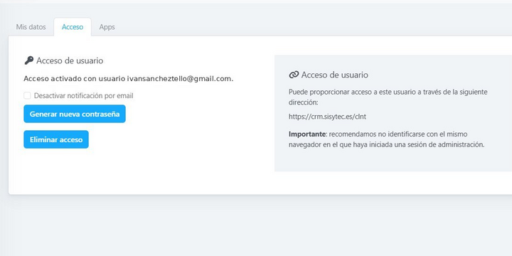Pantalla de gestión de acceso de usuario con generación de contraseña