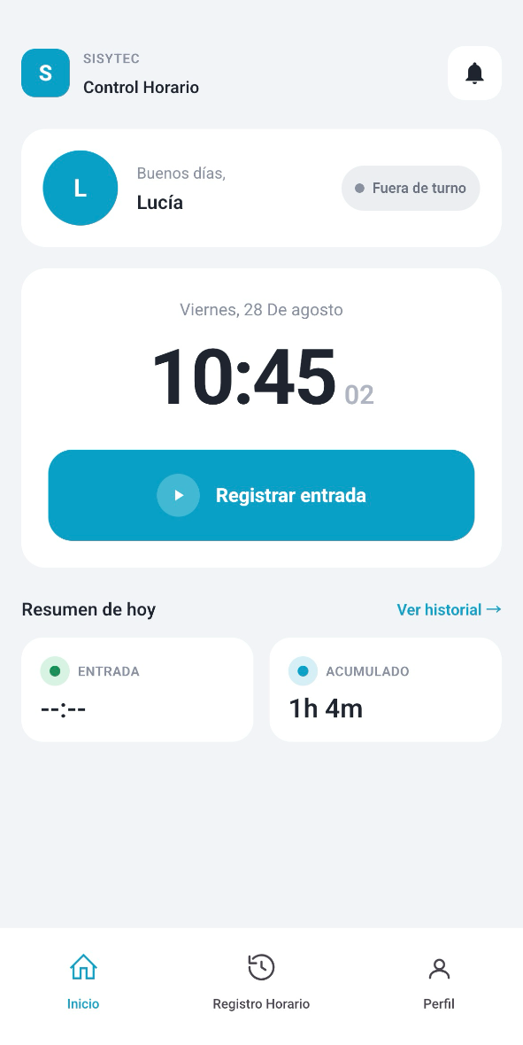 La aplicación de control horario en un teléfono móvil